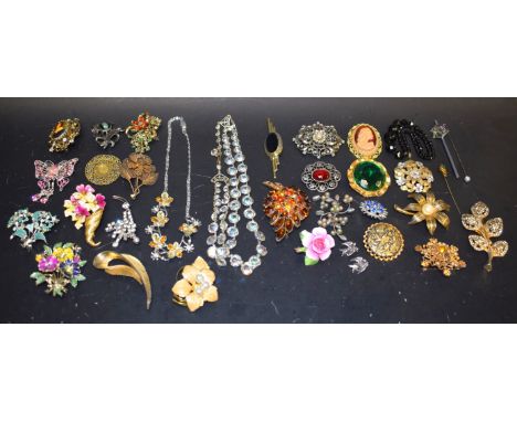 Costume Jewellery - brooches; butterfly, floral, leaves; Rhinestone set; a crystal double strand necklace; enamel brooch; oth