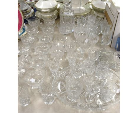 Glass - Cut glass decanter; bowl; sundae dishes; etched wine glasses; others; qty