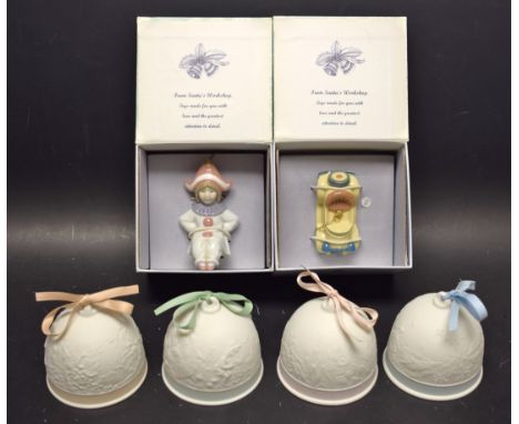 Lladro - a Christmas decoration , Little Harlequin, 06386; another, Little Roadster, both boxed; a set of Four Seasons bells,