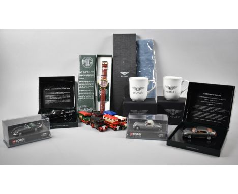 A Collection of Modern Diecast Toys to Include Bentley, Vintage Vans, Also Bentley Tie and MG Wrist Watch 