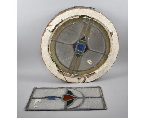 One Circular Coloured Glass Window Light, 55cm Diameter and a Rectangular Panel, 47x25cm 