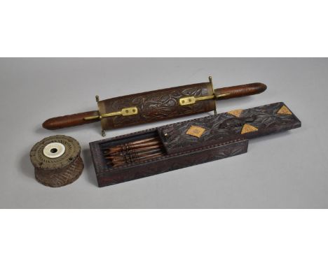 Three Carved Items to Include Circular Inkwell, Carving Set and Box Containing Carved Wooden Skewers 