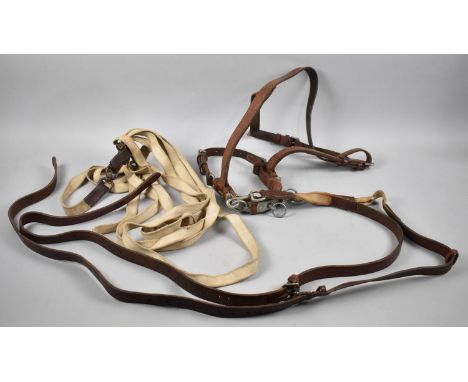 A Vintage Leather Driving Horse Head Collar with Long Reins 