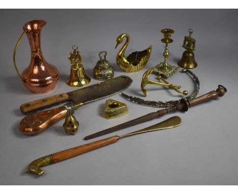 A Collection of Various Metalwares to Comprise Brass Ornaments, Copper Ewer, Large Wooden Handled Meat Cleaver, Copper Shot F