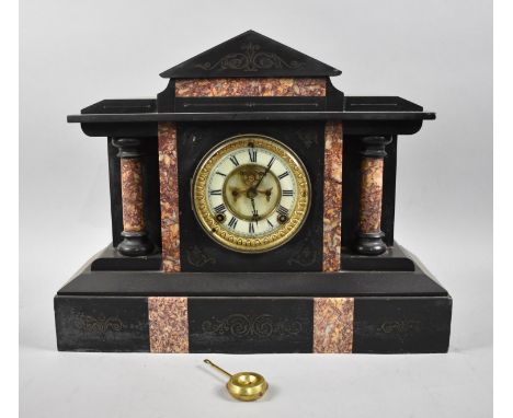 A French Slate and Red Marble Mantle Clock of Architectural Form, 44cm Wide 
