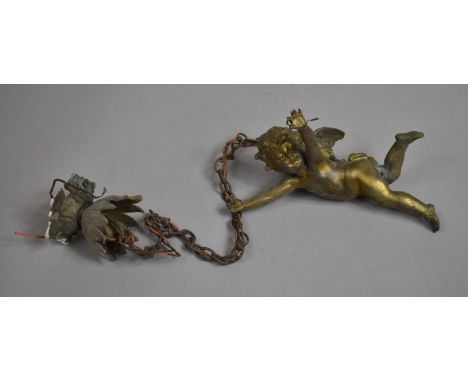A Continental Bronzed Ceiling Light Fitting in the Form of a Flying Cherub, 20cm high 