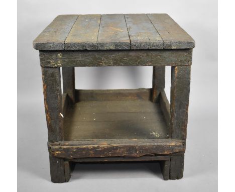 A Vintage Industrial Parts or Oiling Bench with Plank Top, 69cm x 71cm, Galleried Stretcher Shelf 