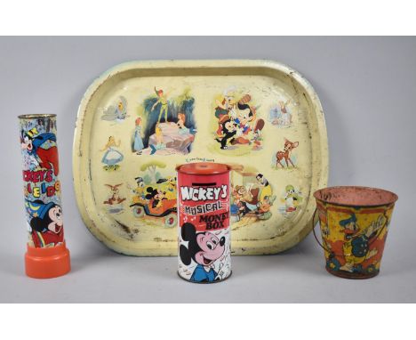 A Collection of Vintage Mickey Mouse Items to Include Tray, Bucket, Money Box and Kaleidoscope 