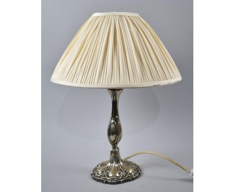 A Late Victorian Silver Plated Candlestick, Now Repurposed as a Table Lamp, with Shade, 40cm high 