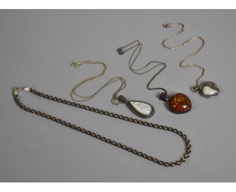 Four Silver Necklaces, Three with Jewelled Pendants to Include Reconstituted Amber, Marcasite and Mother of Pearl 