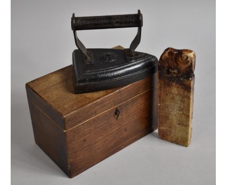 A 19th Century Tea Caddy Box, Vintage Flat Iron and Carved Oriental Item 