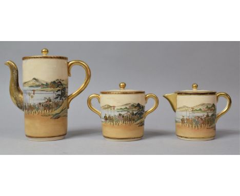 A Late Meiji Japanese Coffee Trio to Comprise Coffee Pot, Lidded Sugar Pot and a Hot Water Jug Decorated with Exterior Villag