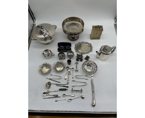 Collection of Silver Plated items along with Brass Carriage Clock, and Gold Plated Antique Spectacles. 