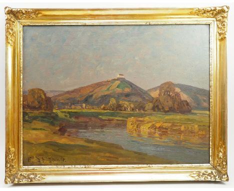 Schickardt, Karl (1866-1933): Blick auf die Wurmlinger Kapelle bei Tübingen.Öl auf Leinwand, Neckarlauf im Vordergrund, im Hi