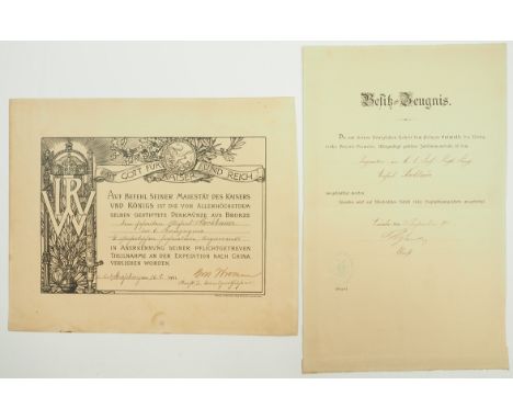 Deutsches Reich: Urkundenpaar eines Gefreiten der 6. Kompanie des 4. ostasiatischen Infanterie-Regiment.- China-Denkmünze, Br