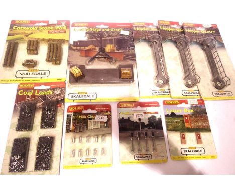 Nine Hornby Skaledale accessories, Hopper Gantry x3, loading stage and crane, stone wall, coal loads, traffic lights, milk ch