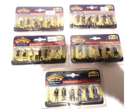 Five Bachmann figure sets; train crew, street scene, farming figures, station passengers, civil engineers. P&amp;P Group 1 (£