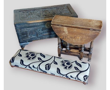 An Asian chest with carved decoration together with a small oak gate leg table and a long footstool 