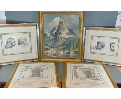 A pair of Architectural engravings together wiyth a pair of engravings and an oil on board, mountain scene 