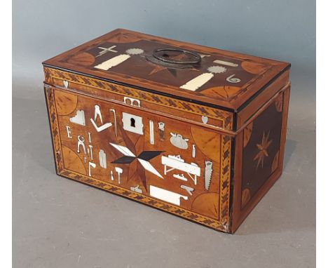 A 19th Century inlaid tea caddy, with unusual bone and M.O.P inlays depicting hand tools 