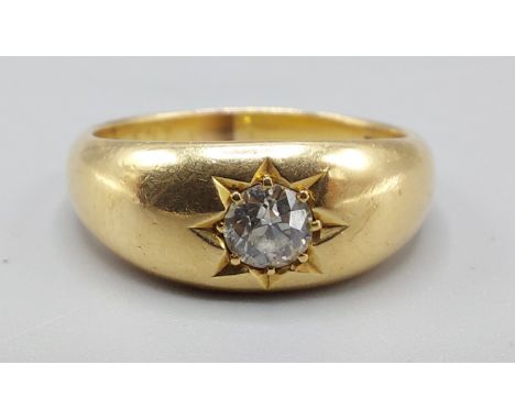 A 18ct yellow gold Gypsy ring set solitaire diamond approximately 0.40ct, ring size W, 10.9gms 