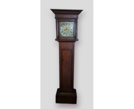 A country oak longcase clock, the square hood above a rectangular door and conforming plinth base, the brass inscribed Foden,