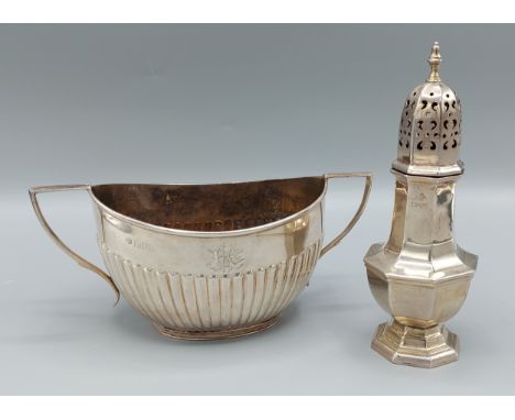 A Victorian London silver two handled sucrier of half lobed form together with a Chester silver sugar caster, 10ozs 