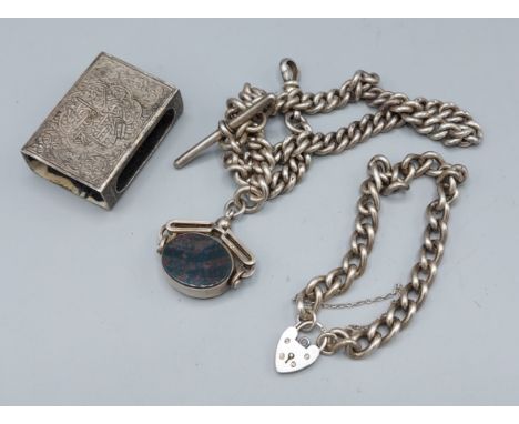 A silver curb link watch chain with swivel fob together with a silver curb link bracelet and a silver match box case 