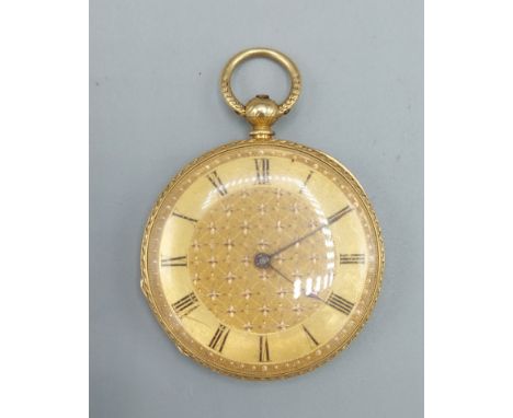 A yellow gold cased fob watch with engraved and enamel decoration, marks rubbed, 32.4gms all in 