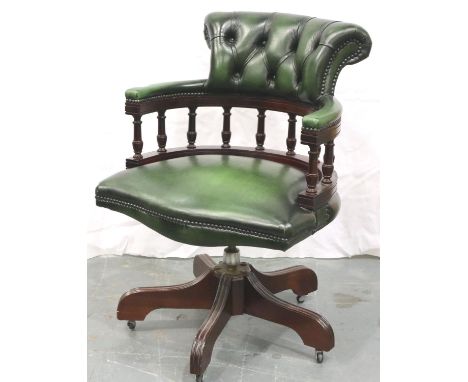 Mahogany and green leather button back swivel office chair. Not available for in-house P&amp;P, contact Paul O'Hea at Mailbox