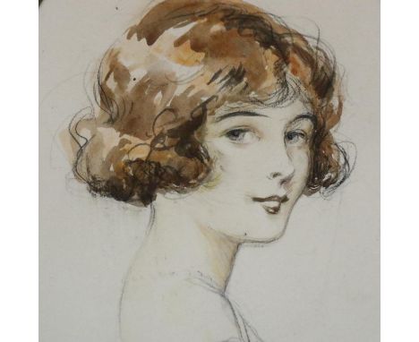 Wilmot Lunt (1856-1939); pencil and ink sketch of a young woman, 13 x 18 cm. Not available for in-house P&amp;P, contact Paul