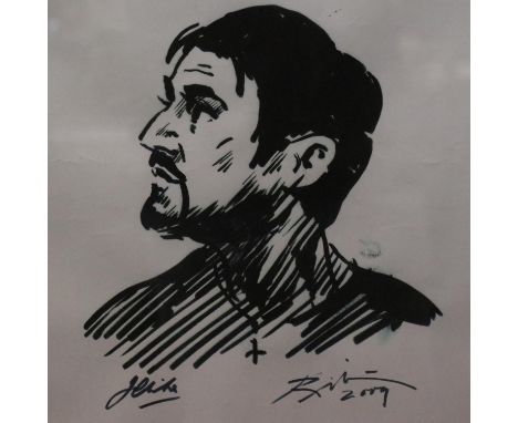 Harold Riley (b. 1934); original ink portrait of opera singer John Christo 2009, produced as a run of preparatory portraits f