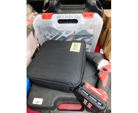 A Work Expert cordless drill, a Dekton Power cordless drill, child's plastic tool set, etc. (a quantity) Note: VAT is payable