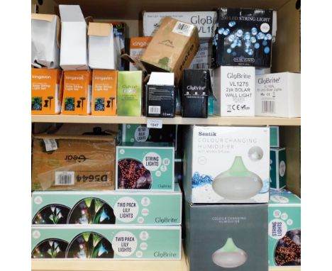 Various string light sets, Globrite two pack lily lights, solar lights, colour changing humidifier, etc. (2 shelves) Note: VA