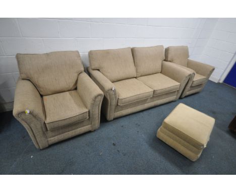 AN OATMEAL UPHOLSERED FOUR PIECE LOUGE SUITE, comprising a two seater sofa, length 177cm x depth 94cm x height 94cm, a pair o