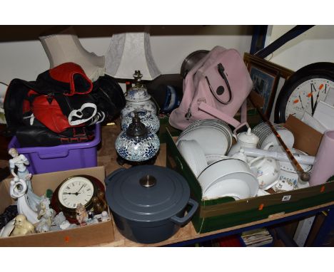 FOUR BOXES AND LOOSE CERAMICS AND SUNDRIES, to include dinnerware items, Aynsley 'celeste' ginger jar, and trinket plate, Wed