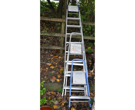 TWO ALUMINIUM AND ONE STEEL STEP LADDERS the largest being 229cm high (3)