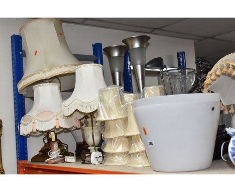 A COLLECTION OF TABLE LAMPS, SHADES, AND MISCELLANEOUS, to include a brass Corinthian column style tall table lamp, with a be