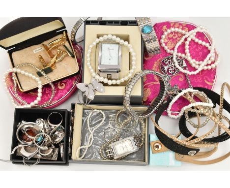 AN ASSORTMENT OF WHITE METAL JEWELLERY AND COSTUME JEWELLERY, to include eight white metal rings of various designs, some set