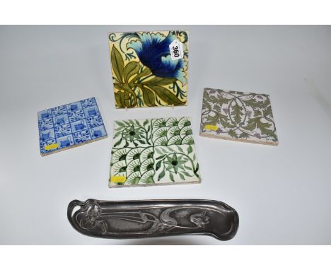 A GROUP OF ARTS AND CRAFTS STYLE TILES AND A WMF PEN TRAY, comprising a WMF pewter pen tray decorated with cyclamen, stamped 