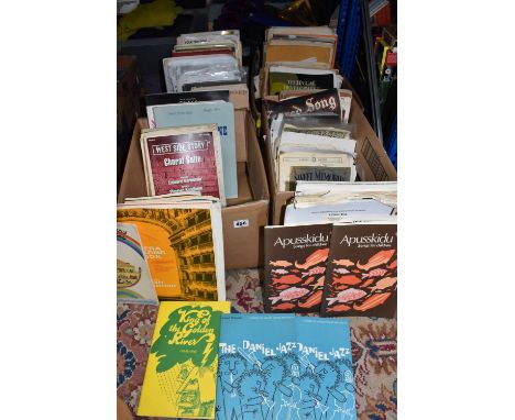 FOUR BOXES OF VINTAGE SHEET MUSIC to include a quantity of hymn music, primary school music books, amateur opera, Christmas c