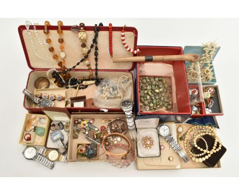 A BOX OF ASSORTED COSTUME JEWELLERY, WATCHES AND OTHER ITEMS, to include a burngundy case containing various pieces of costum
