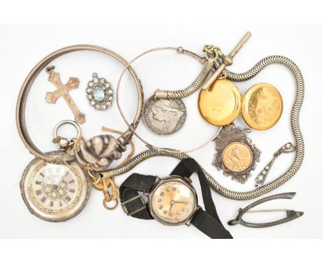 A SELECTION OF MAINLY LATE 19TH TO EARLY 20TH CENTURY JEWELLERY, to include a pocket watch, stamped 900, a silver watch, with