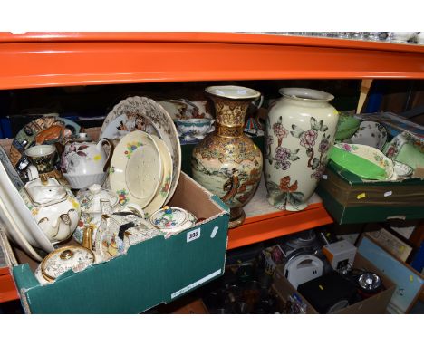 THREE BOXES AND LOOSE CERAMICS, to include two large oriental vases, large Royal Doulton meat plate in 'Abbess', teapots to i