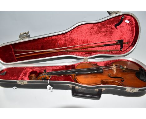 A CASED VIOLIN AND BOW with a two piece back, two fine tuners installed, addition bow stick within the case (1) (Condition Re