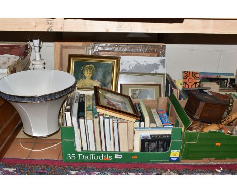 THREE BOXES AND LOOSE BOOKS AND MISCELLANIOUS ITEMS to include two boxes of mostly vintage reference books comprising religio