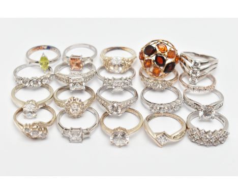 A BAG OF TWENTY RINGS, to include nineteen white metal rings of various designs, most set with cubic zirconia, most stamped 9