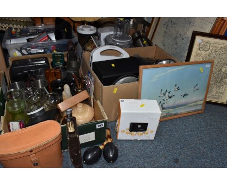 FOUR BOXES AND LOOSE MISCELLANEOUS ITEMS, to include a Kenwood food processor, with various attachments, pocket book, and ins