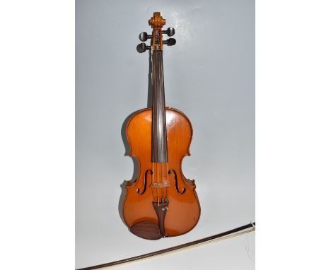 A MODERN VIOLA AND BOW without a manufacturers mark with a two piece back, with a mother of pearl inlaid bow (2) (Condition R