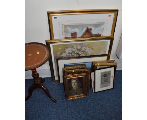 A SMALL QUANTITY OF PAINTINGS AND PRINTS ETC, comprising a G.M Kemp watercolour depicting a Tudor house, signed and dated 191